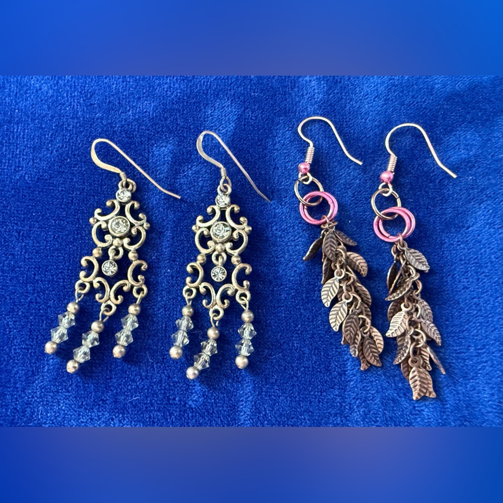 Earrings with Cascading Grey Smoke crystals and pink and bronze 2 pr